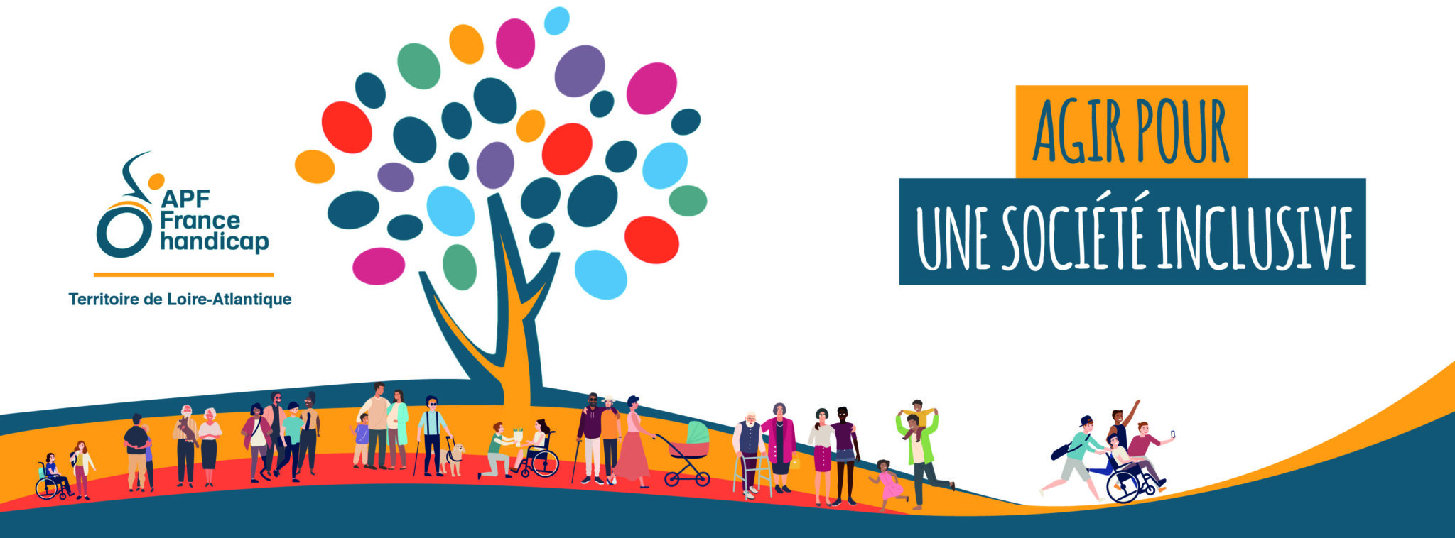 Photo de personnes différentes (valides, en situation de handicap) ensemble. Texte : Agir pour une société inclusive.